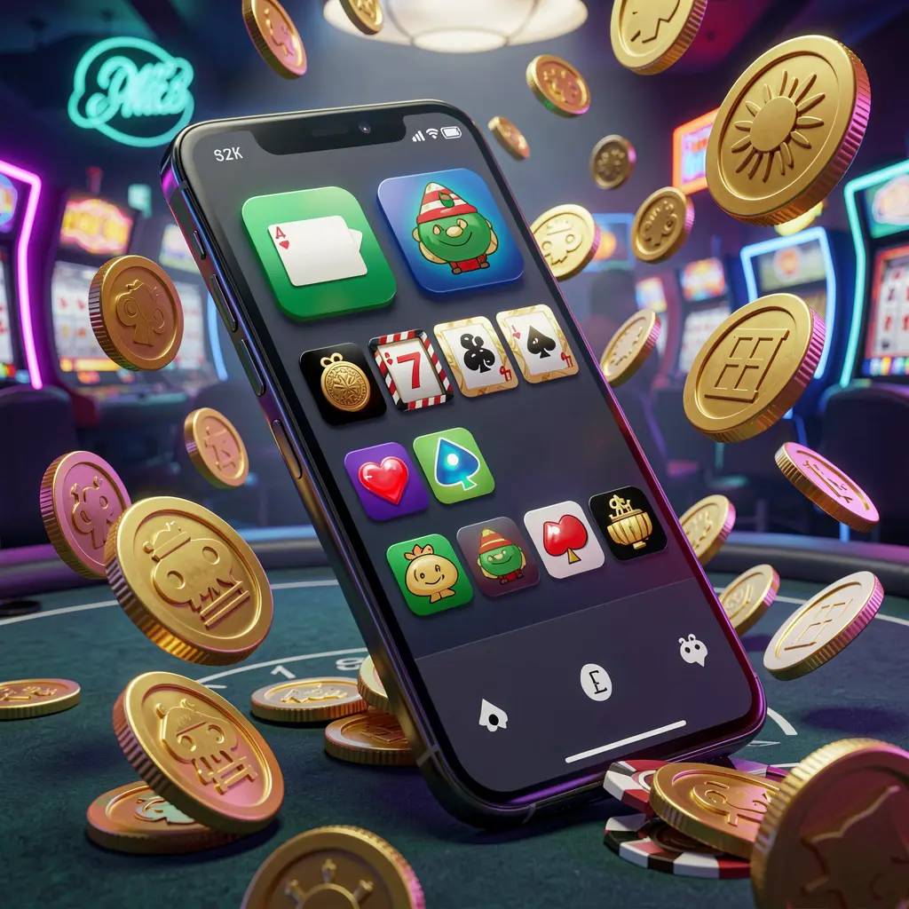 1PP Android casino app concept displayed on a modern phone with app icons, surrounded by golden coins and slot symbols floating in a neon casino atmosphere, realistic 3D render