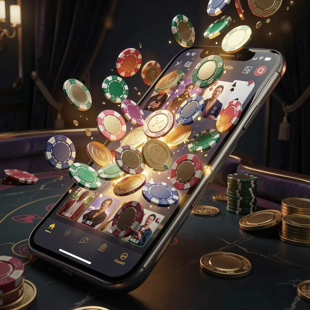1PP online gaming app visual showing a smartphone screen glowing with casino chips and coins emerging against a luxury dark background with cinematic lighting in a high detail 3D render