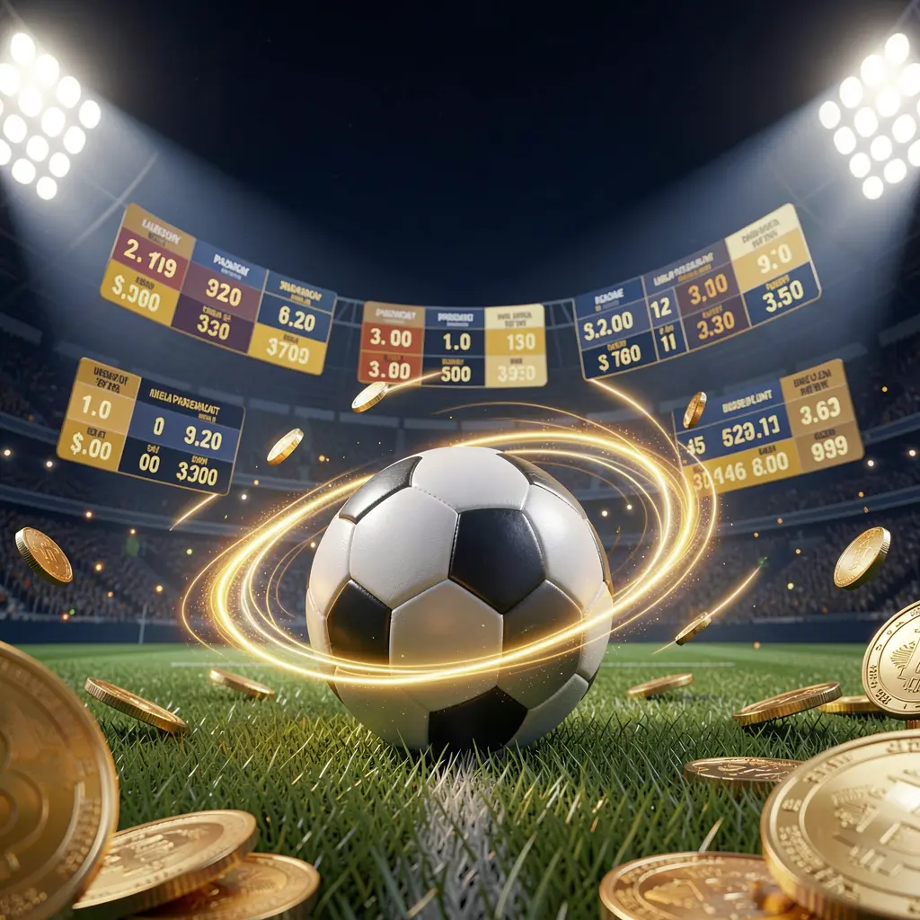 1PP sports betting hero banner featuring a football stadium at night with bright floodlights, a soccer ball on green grass, glowing odds panels, golden coins, and dynamic light trails in a premium dark blue and gold cinematic 3D render