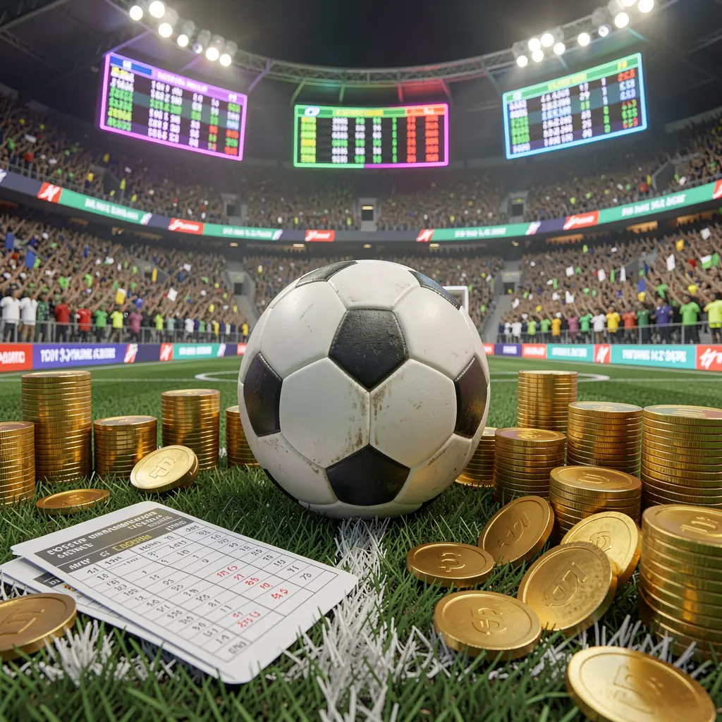 1PP premium sports betting scene featuring a football field with a stadium crowd, a soccer ball, golden coins, betting slip elements, and neon odds panels in a realistic high detail 3D render