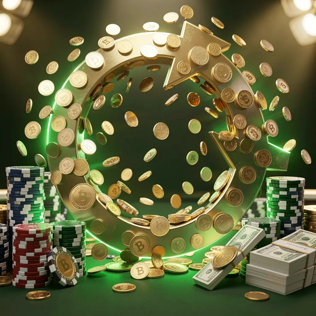 Realistic 3D render of a cashback casino bonus scene featuring coins moving in a circular arrow, stacks of chips, and cash bundles with green and gold glow, showcasing 1PP brand in Pakistan