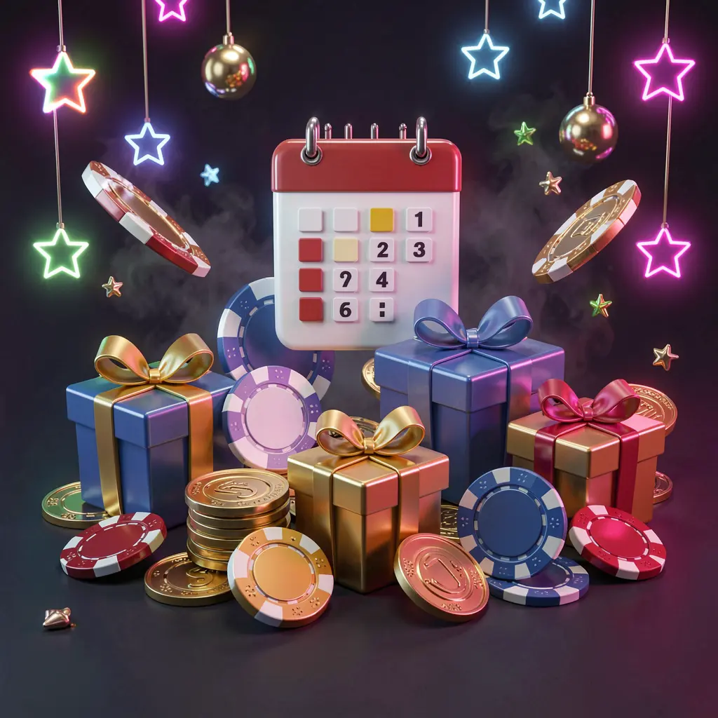 1PP weekly casino bonus concept featuring a calendar icon, gift boxes, coins, and chips on a festive dark background with neon glow in premium 3D style