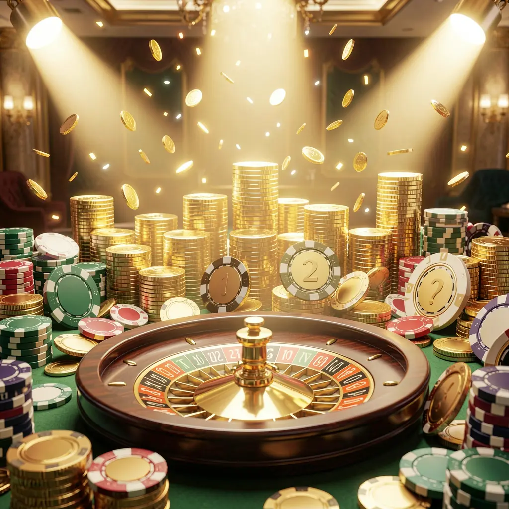 1PP casino jackpot scene with golden coins, colorful poker chips, a roulette wheel, and bright glowing lights creating a luxury celebration atmosphere in a realistic 3D render
