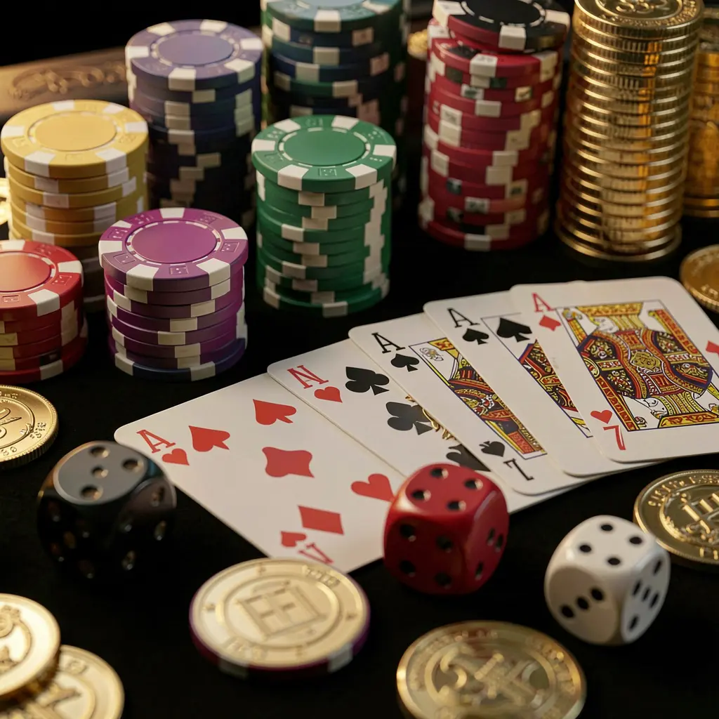Elegant 1PP casino table close-up featuring poker chips, playing cards, dice, and gold coins on a luxury black background with soft cinematic lighting