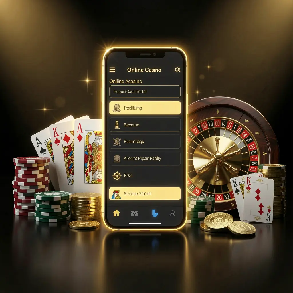 1PP online casino account portal login screen featuring a glowing smartphone displaying premium cards, chips, roulette wheel, and coins against a black and gold background with cinematic lighting in a realistic 3D render