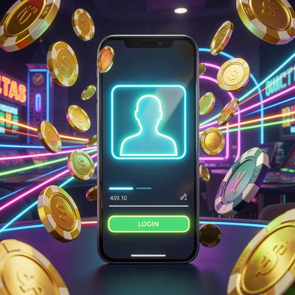 Fast casino login banner featuring a smartphone with a bright user icon surrounded by speed light trails, golden coins, and chips flying around in a modern neon casino style, showcasing 1PP brand's high detail 3D render