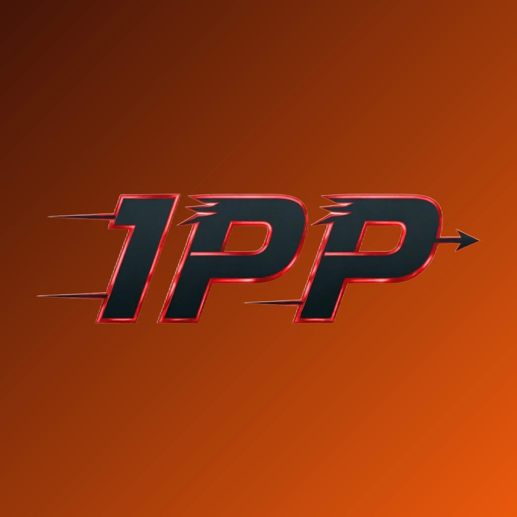 Dynamic sports-style logo for 1PP featuring bold, sharp letters with a motion effect on a transparent background, designed as a wide horizontal rectangular wordmark ideal for a website header