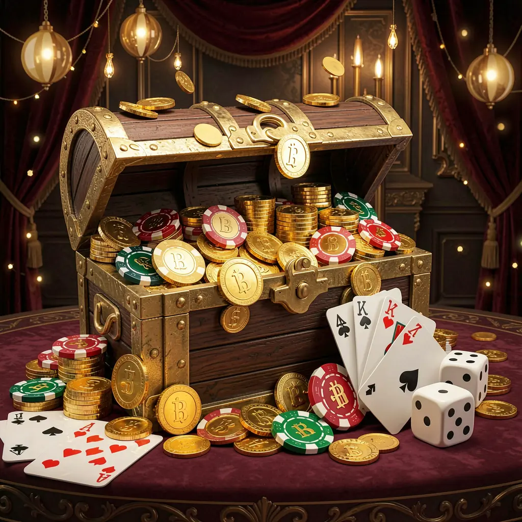 1PP online casino welcome banner featuring a treasure chest filled with golden coins and casino chips, playing cards and dice nearby against a dark luxury background creating a festive premium atmosphere